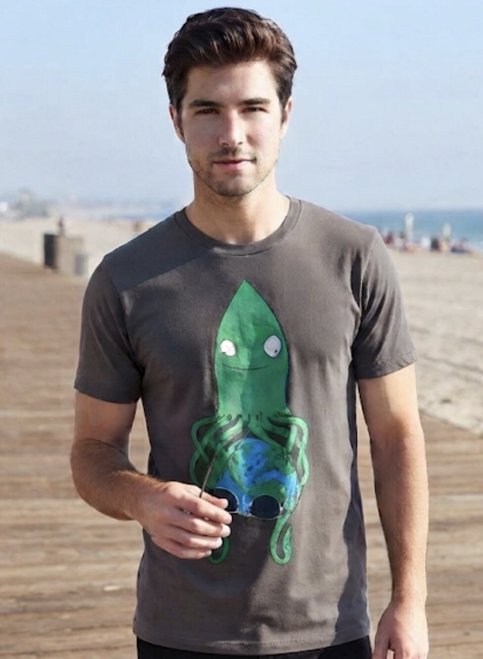 World Domination Green Octopus Graphic Gray Tee Indie Skater Y2K Streetwear M